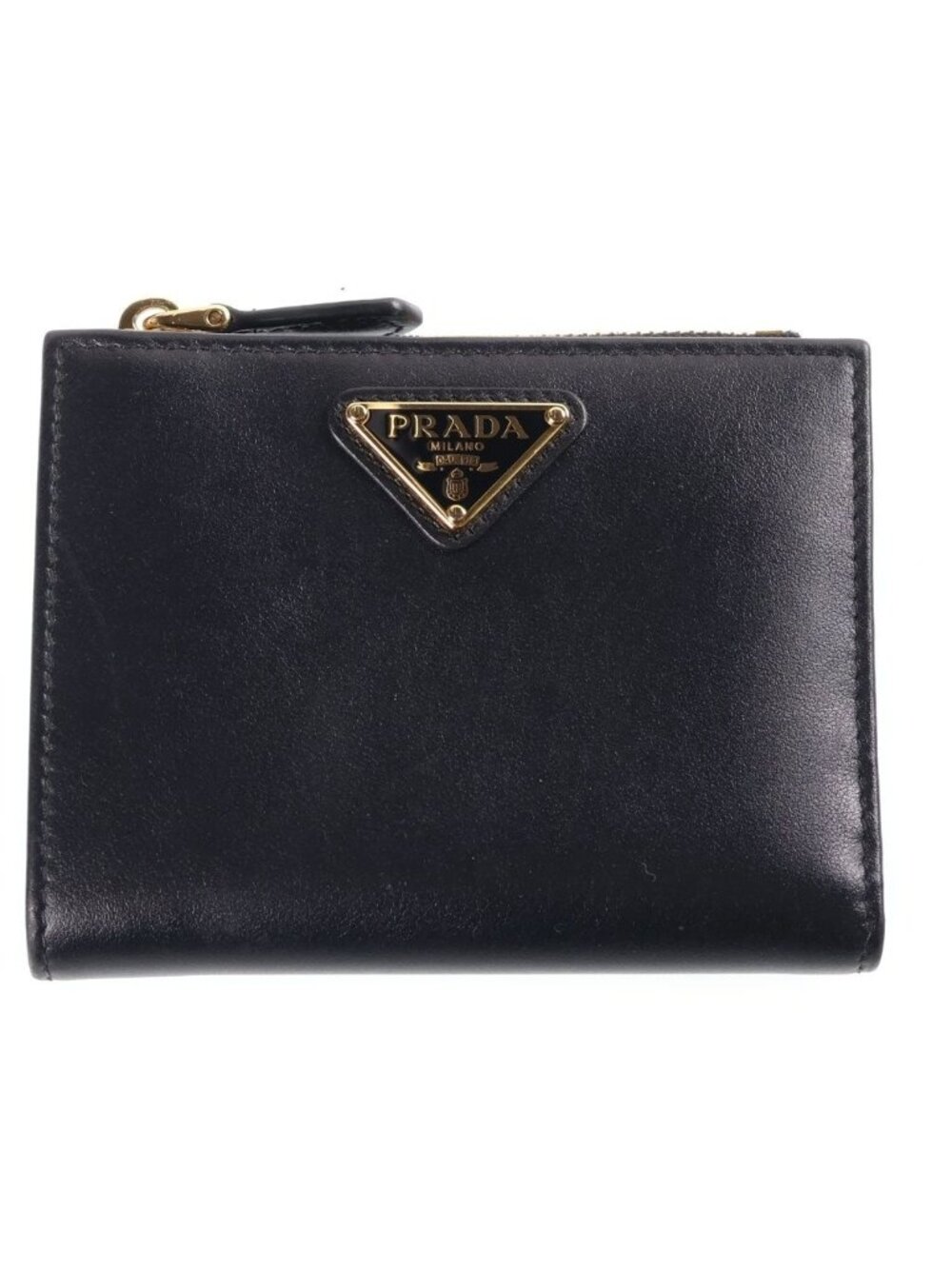 Prada Triangle Logo Small Compact Wallet Bifold Black Leather Gold